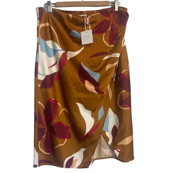 Sigrid Olsen Dresses & Skirts - Sigrid Olsen | NWT Satin Wrap Midi Skirt Brown Mustard Floral